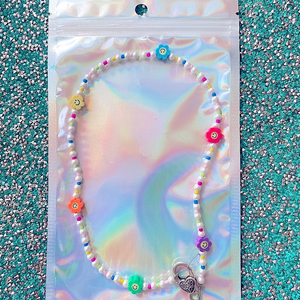 Y2K rainbow smiley flower charm beaded pearl mixed necklace